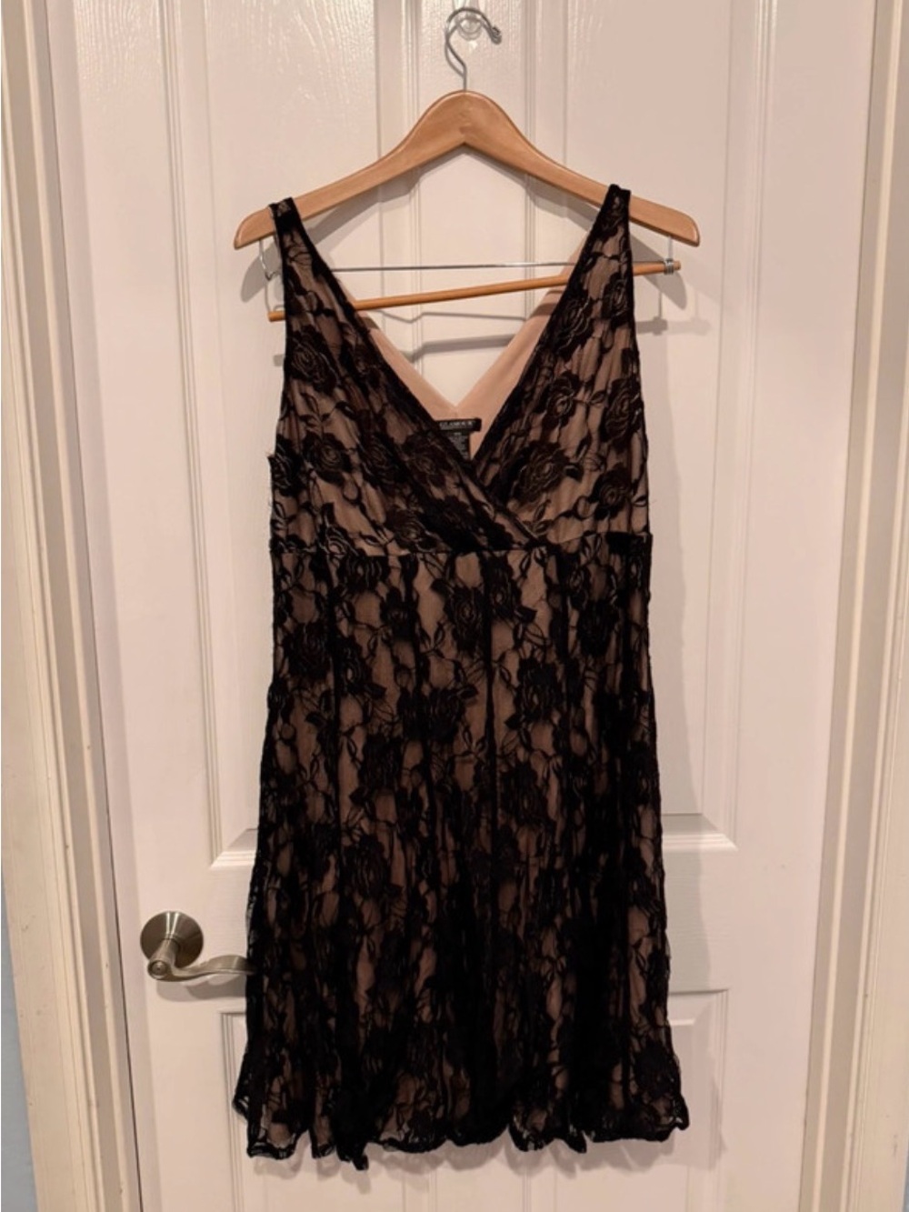Glamour Black Lace Overlay Midi Dress with Nude Lining